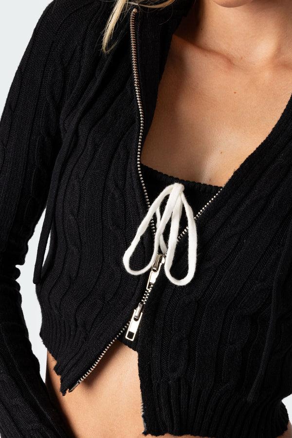 Edikted Cable Knit Zip Up Cardigan Black