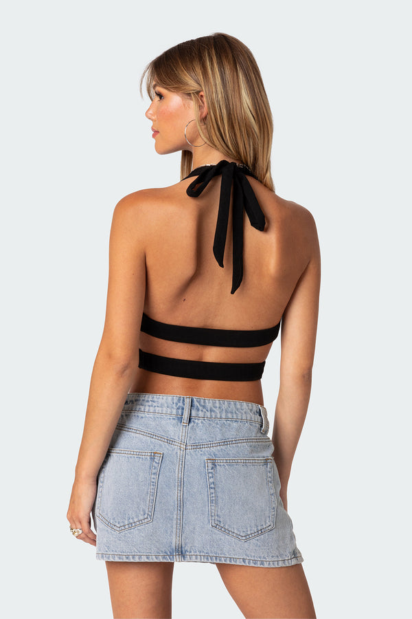 Edikted Cady Tie Front Cut Out Top Black