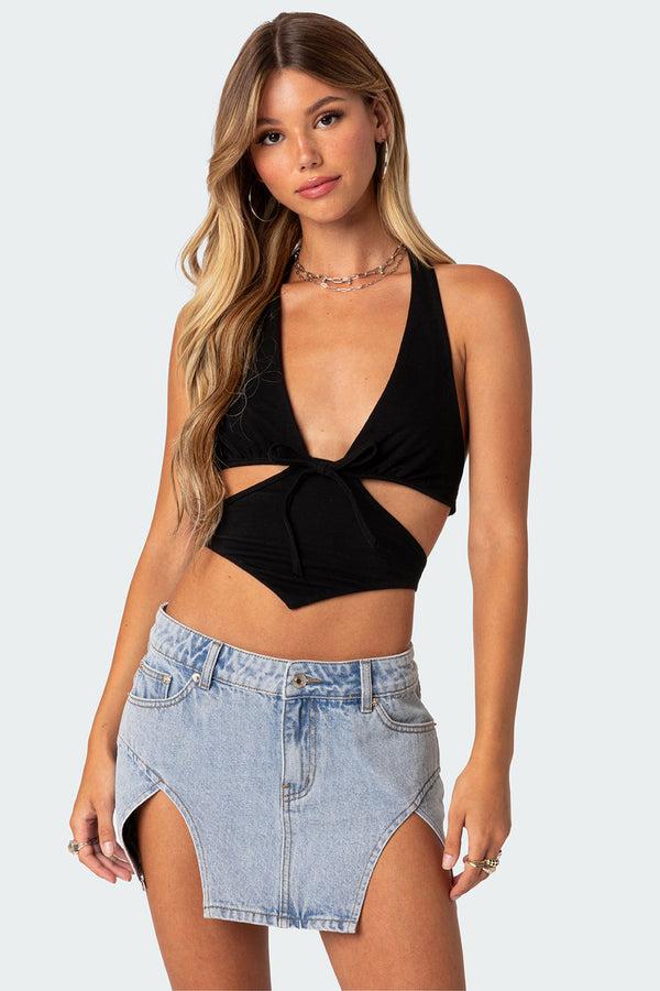 edikted Cady Tie Front Cut Out Top black