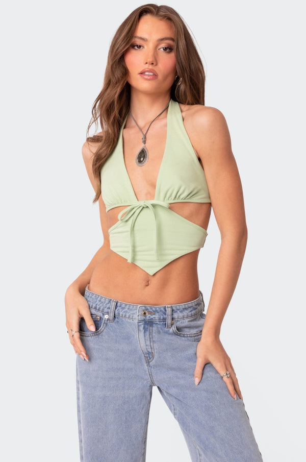 edikted Cady Tie Front Cut Out Top green