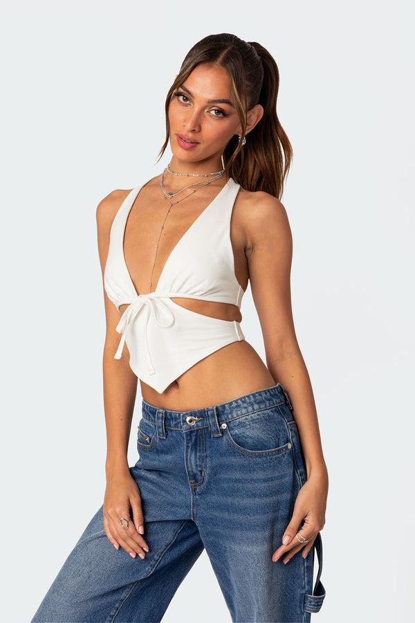 Edikted Cady Tie Front Cut Out Top White