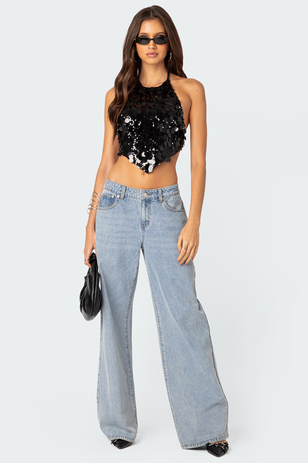 Edikted Caelia Sequin Open Back Top Black