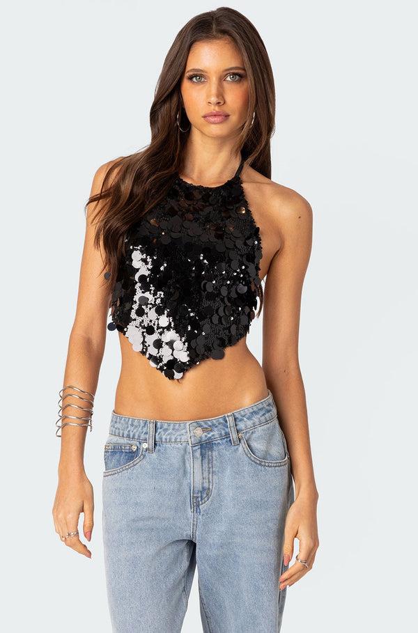 edikted Caelia Sequin Open Back Top black