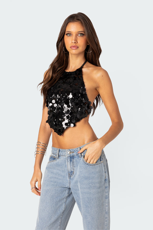 Edikted Caelia Sequin Open Back Top Black