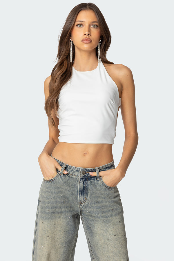 Edikted Caity Backless High Neck Top Off White