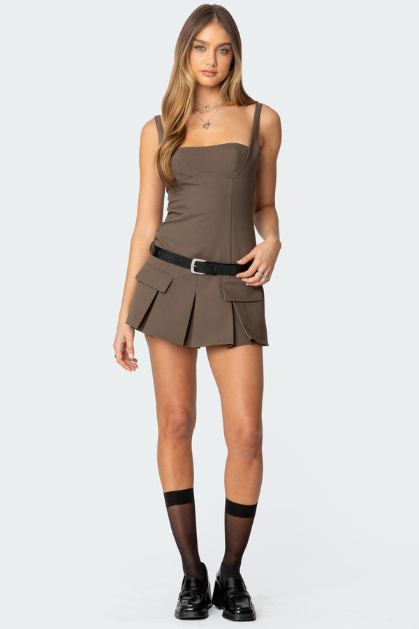 Edikted Callie Drop Waist Pleated Mini Dress Brown