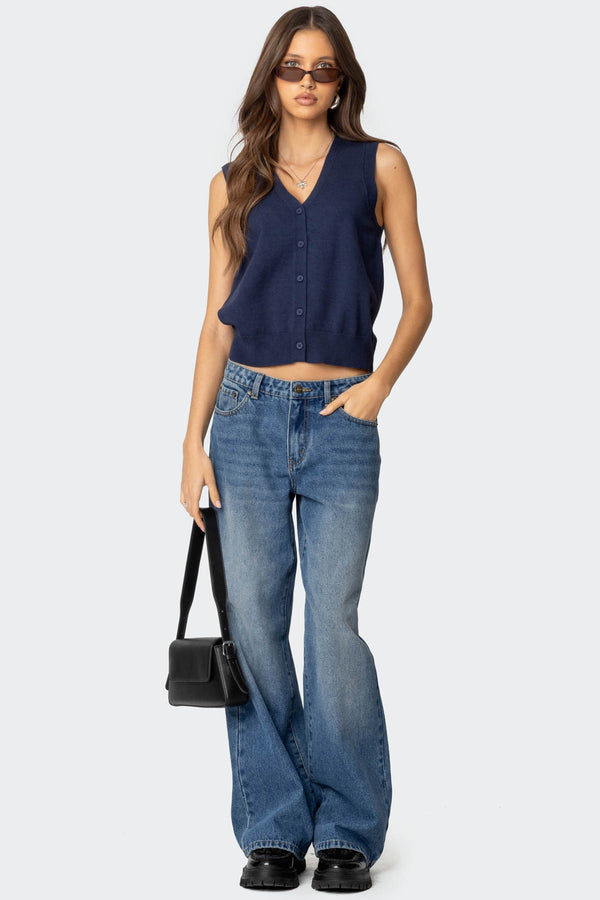 Edikted Cam Button Up Knit Vest Top Navy