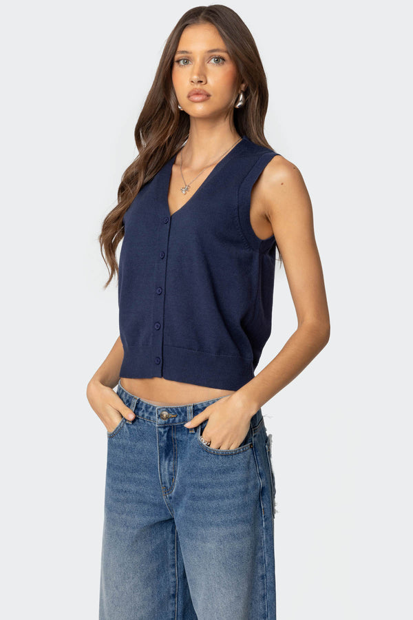 Edikted Cam Button Up Knit Vest Top Navy