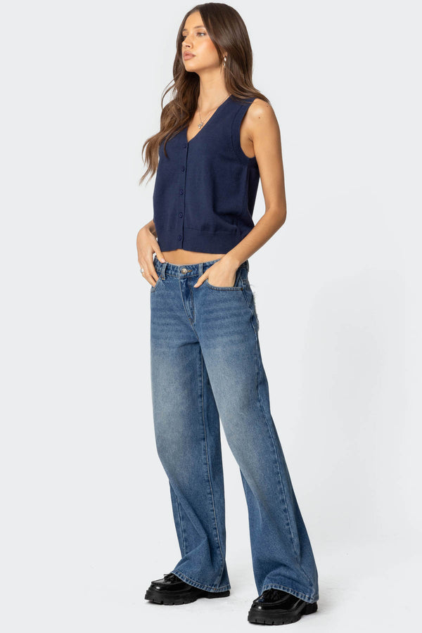 Edikted Cam Button Up Knit Vest Top Navy