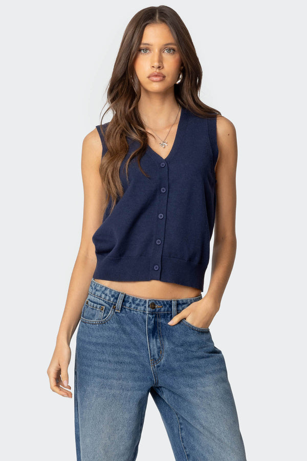 edikted Cam Button Up Knit Vest Top navy