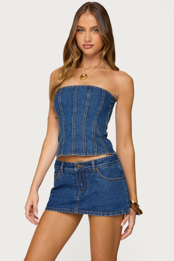Edikted Camelia Strapless Denim Corset Blue Washed