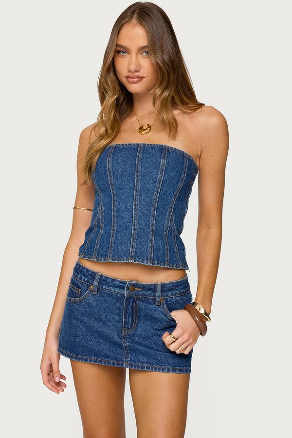 Edikted Camelia Strapless Denim Corset Blue Washed
