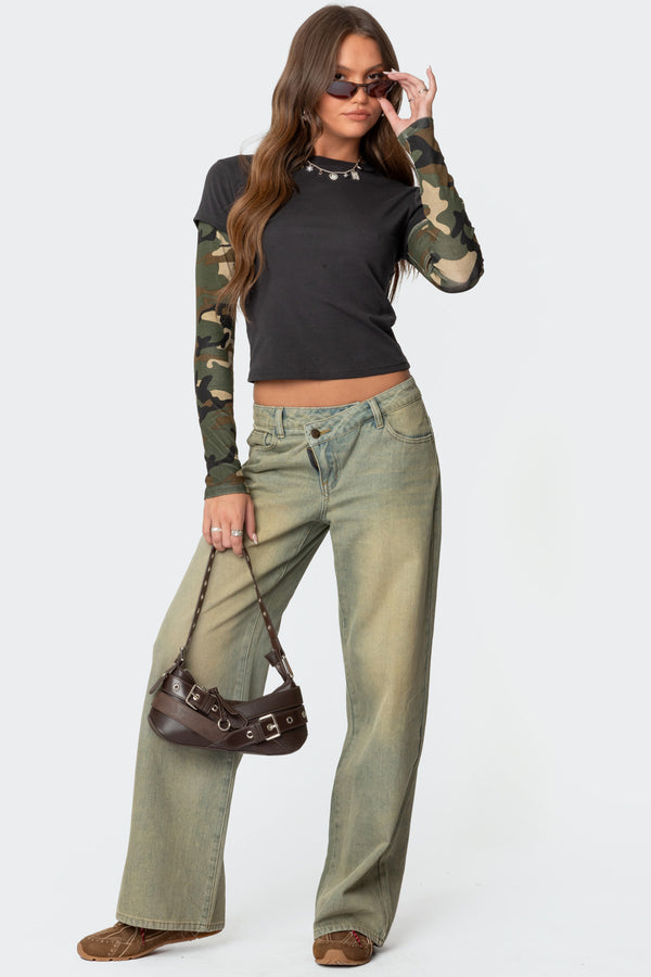 Edikted Camo Layered Long Sleeve T Shirt Dark Gray