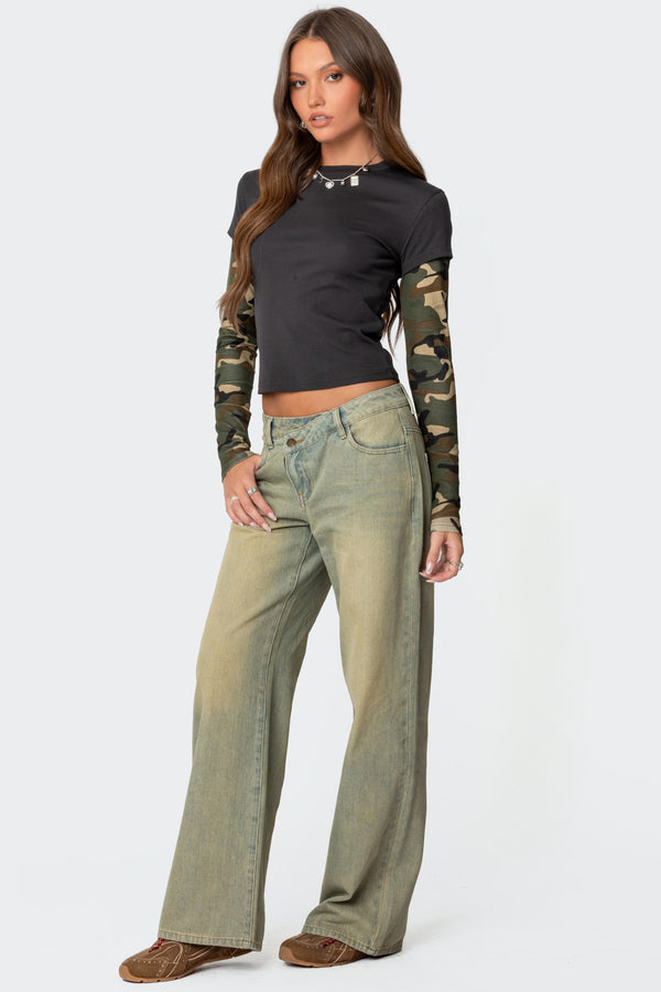 Edikted Camo Layered Long Sleeve T Shirt Dark Gray