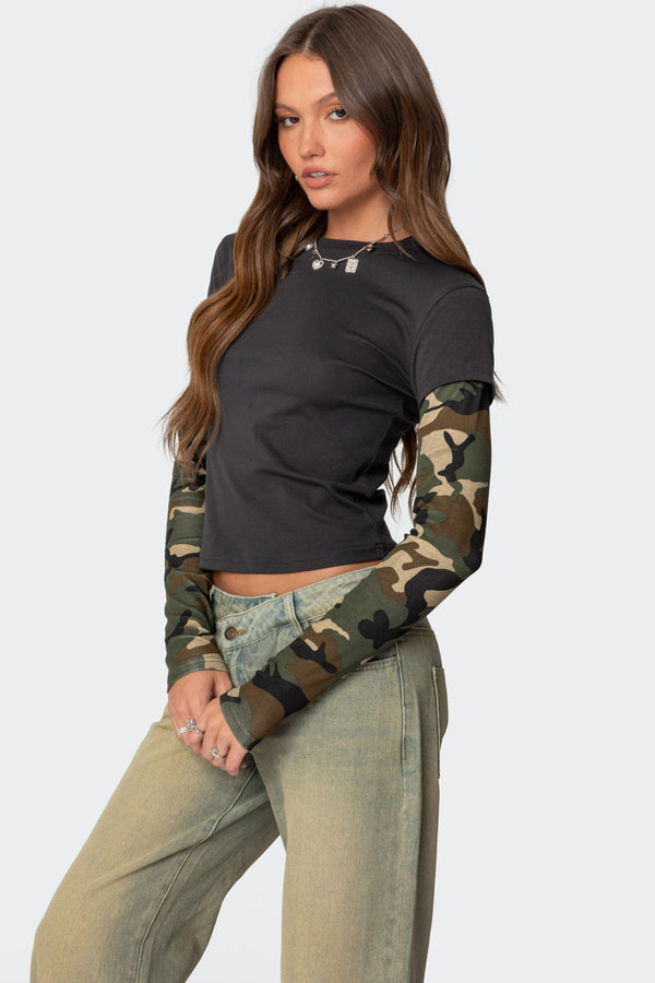 Edikted Camo Layered Long Sleeve T Shirt Dark Gray
