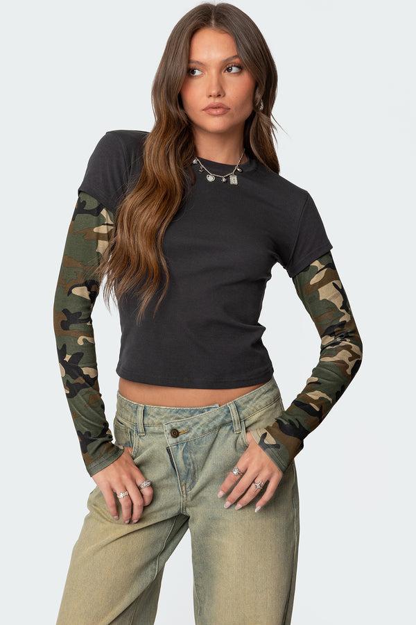 edikted Camo Layered Long Sleeve T Shirt dark gray