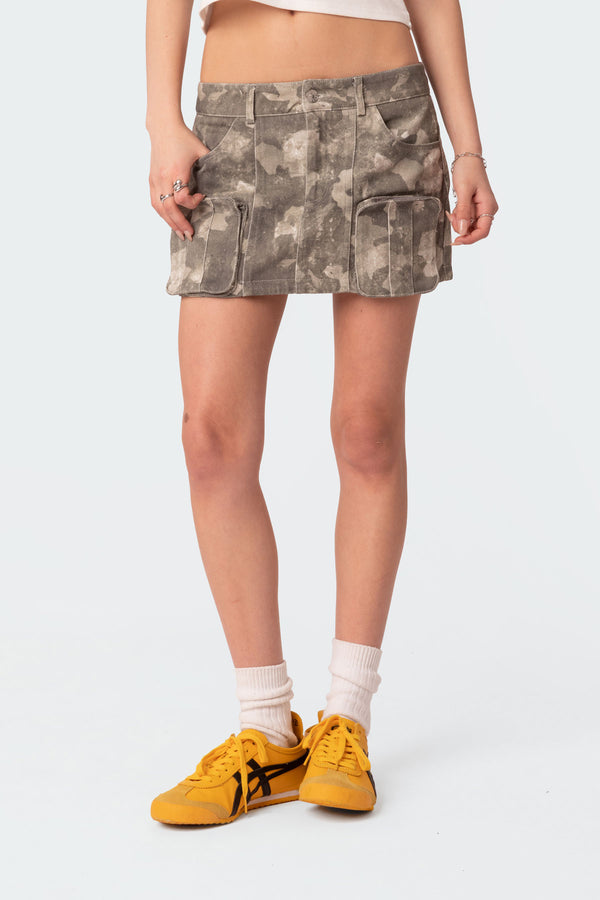 Edikted Camo Low Rise Denim Cargo Mini Skirt Olive