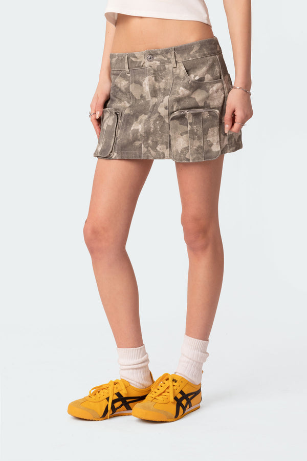 Edikted Camo Low Rise Denim Cargo Mini Skirt Olive