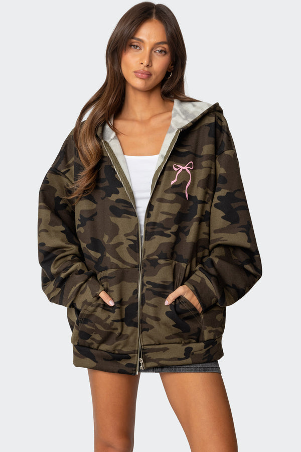 Edikted Camo Oversized Bow Detail Hoodie Olive