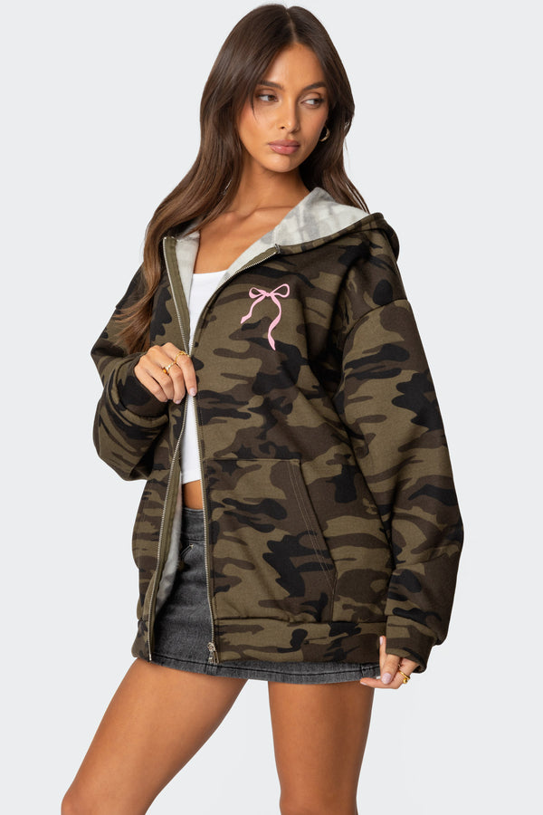 Edikted Camo Oversized Bow Detail Hoodie Olive