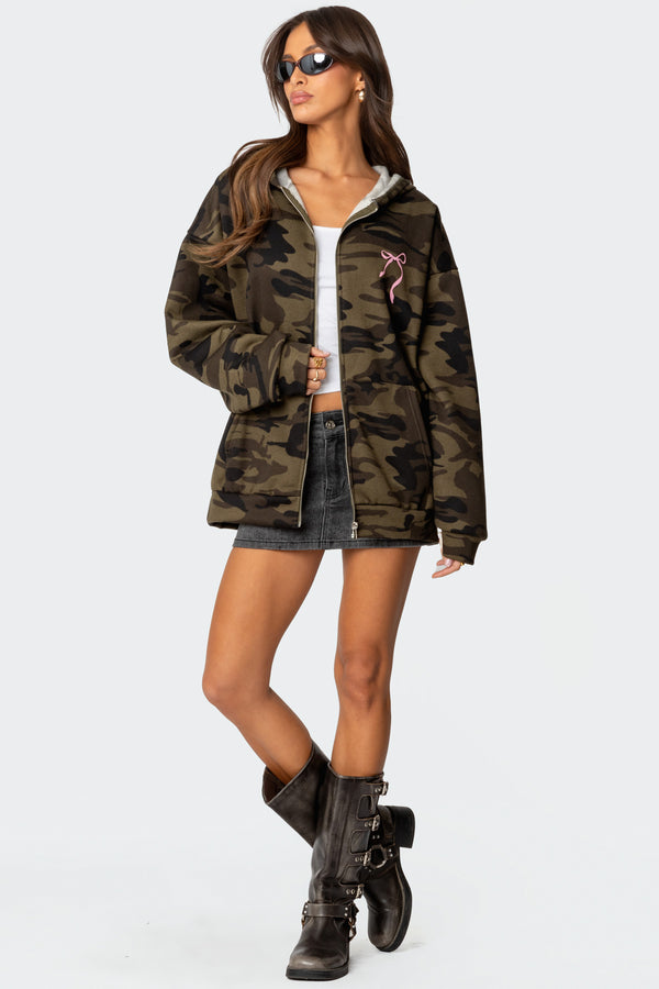 Edikted Camo Oversized Bow Detail Hoodie Olive