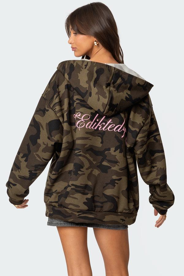 edikted Camo Oversized Bow Detail Hoodie olive