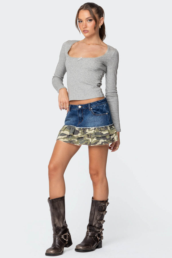 Edikted Camo Ruffle Denim Mini Skirt Blue Washed