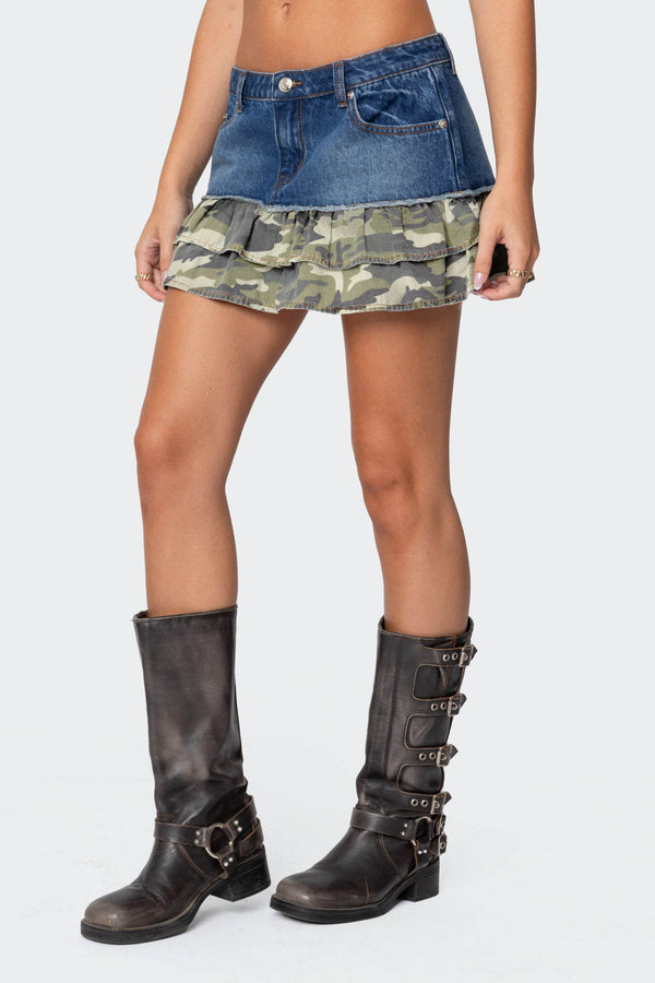 Edikted Camo Ruffle Denim Mini Skirt Blue Washed