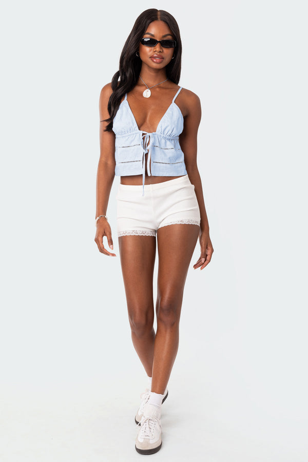 Edikted Candy Cotton Tie Front Tank Top Blue