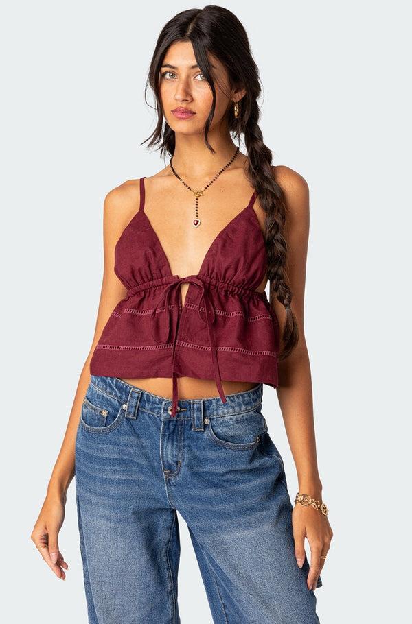 edikted Candy Cotton Tie Front Tank Top burgundy