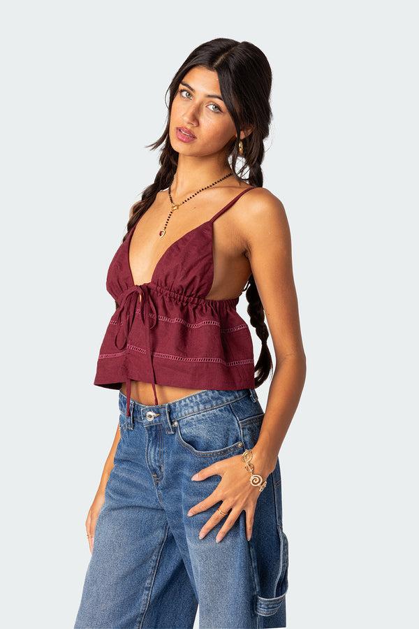 Edikted Candy Cotton Tie Front Tank Top Burgundy