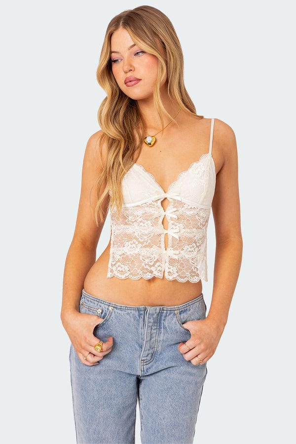 edikted Cara Sheer Lace Open Back Top cream