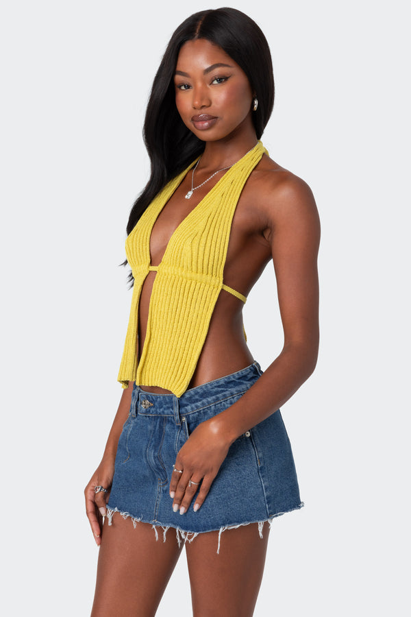 Edikted Caraway Ribbed Knit Split Front Top Green