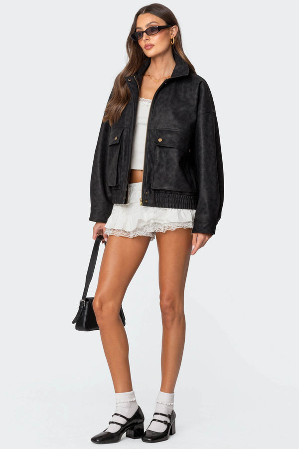 Edikted Cargo Faux Leather Bomber Jacket Black