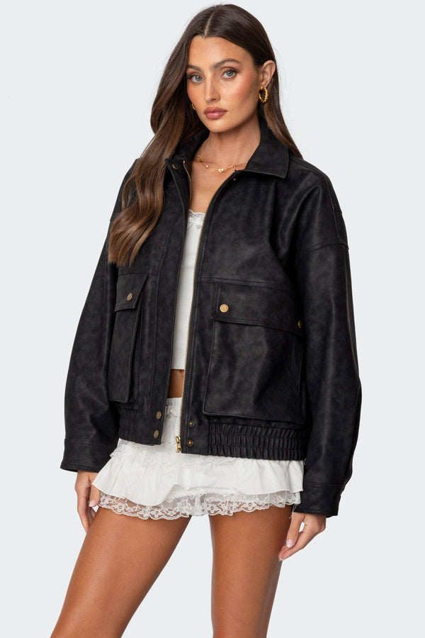 Edikted Cargo Faux Leather Bomber Jacket Black