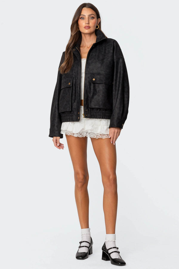 Edikted Cargo Faux Leather Bomber Jacket Black
