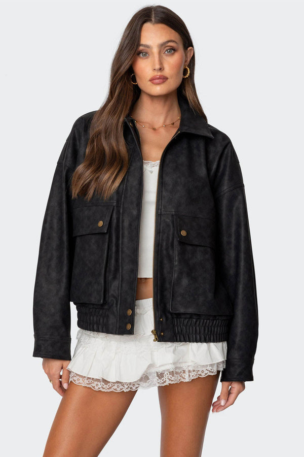 edikted Cargo Faux Leather Bomber Jacket black