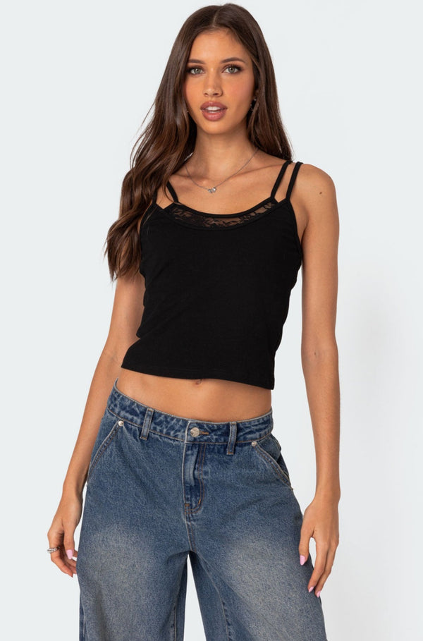 edikted Carnation Lacey Layered Tank Top black
