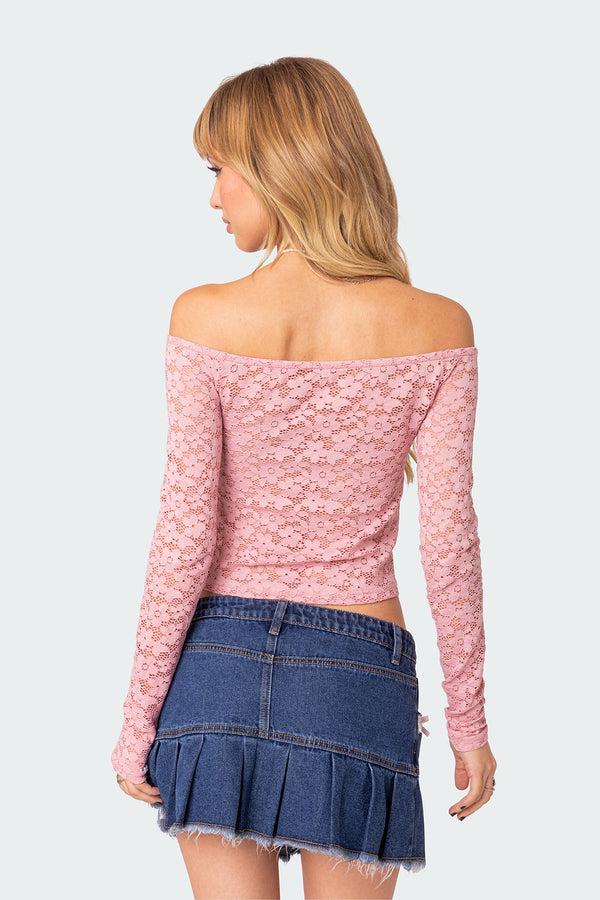 Edikted Carolina Off Shoulder Sheer Lace Top Pink