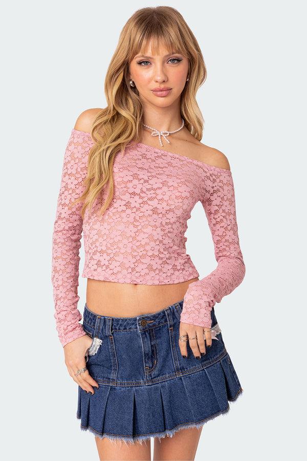 edikted Carolina Off Shoulder Sheer Lace Top pink