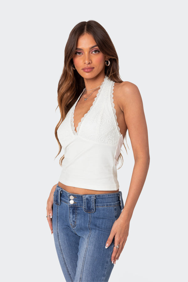 Edikted Carolyn Lacey Halter Top White
