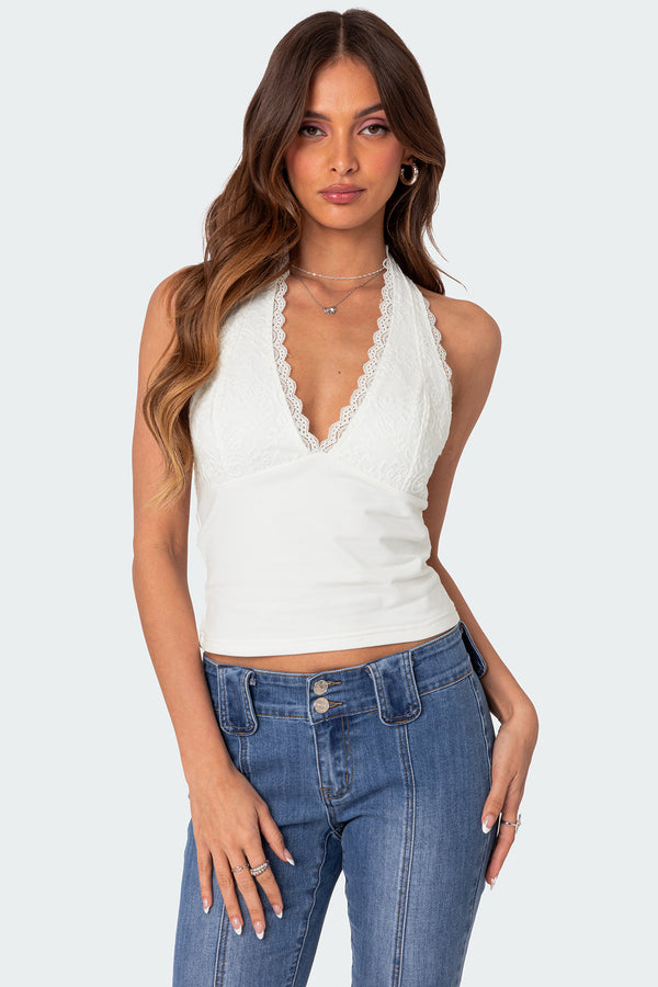 edikted Carolyn Lacey Halter Top white