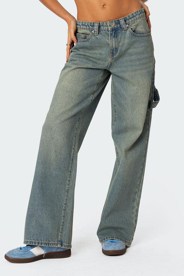 Edikted Carpenter Low Rise Jeans Blue Washed