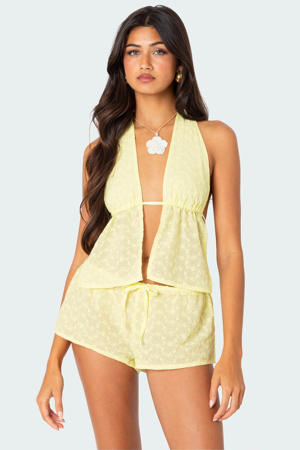 edikted Cayenne Eyelet Split Front Top yellow