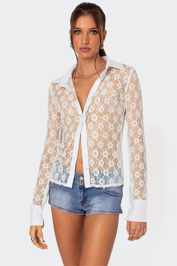 Edikted Cecilia Sheer Lace Button Up Shirt White