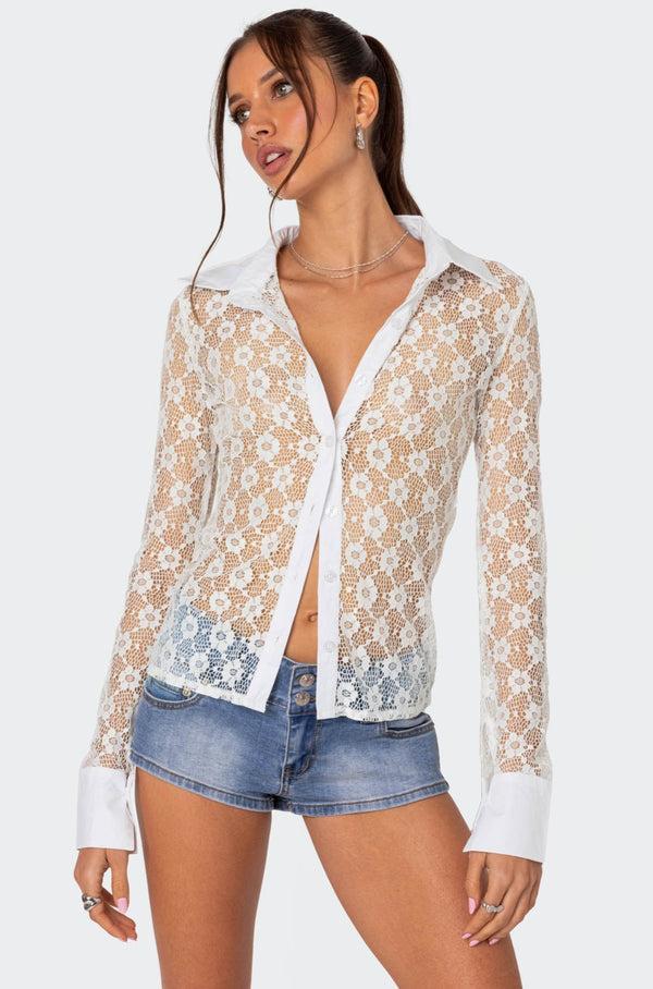 edikted Cecilia Sheer Lace Button Up Shirt white