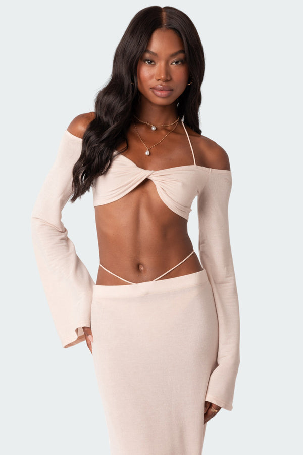 edikted Celeste Off Shoulder Twist Crop Top cream