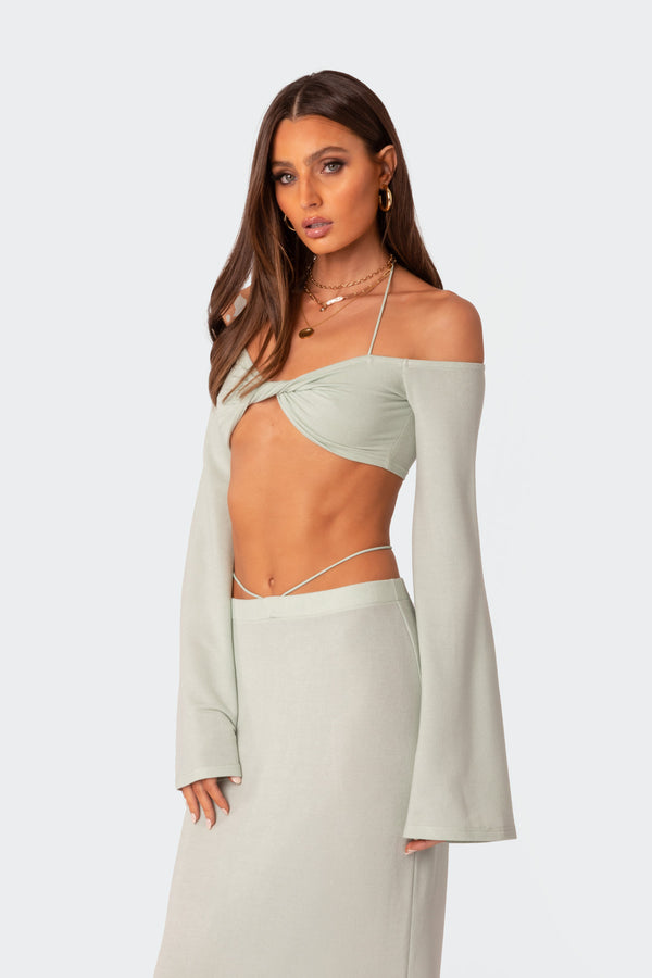 Edikted Celeste Off Shoulder Twist Crop Top Green