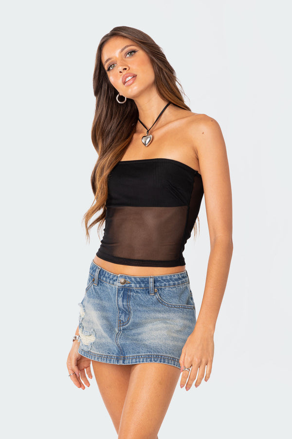 Edikted Celestia Sheer Mesh Tube Top Black