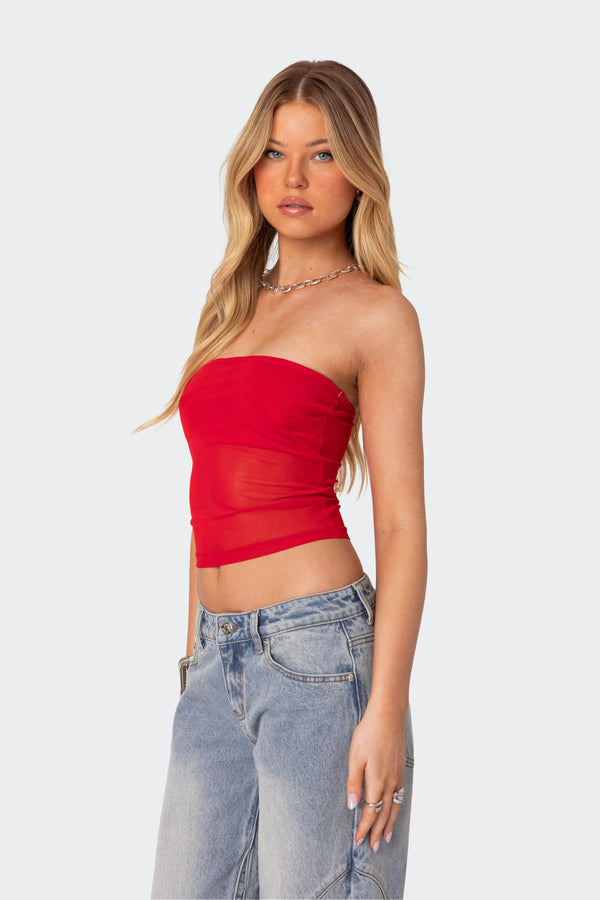 Edikted Celestia Sheer Mesh Tube Top Red